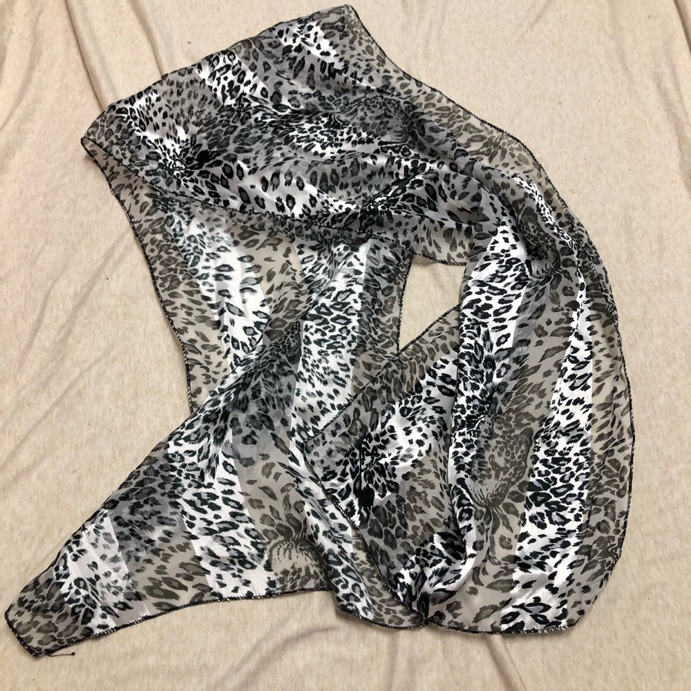 Snow Leopard Print Scarf Sheer Satin Silver Shiny Elegant Quirky Unique